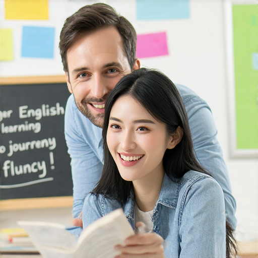 一對一外籍教師教學場景，學生與外籍教師互動學習英語，展現流利交流的過程，標題強調永遠掌握英語的重要性，開啟流利之路的信心與機會。