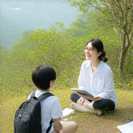 探索渣甸山美景的學生與外籍老師一對一上英語課程的畫面，學習語言技能的同時享受自然風光，提升英語能力的最佳選擇。