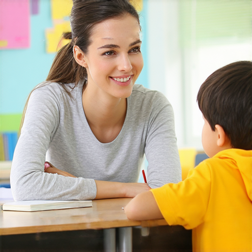 一位外籍老師與學生一對一互動教學，學生學習英語，老師熱情指導，創造輕鬆學習氛圍。體驗令人驚艷的英語學習，提升語言能力如同老公的驚豔表現。