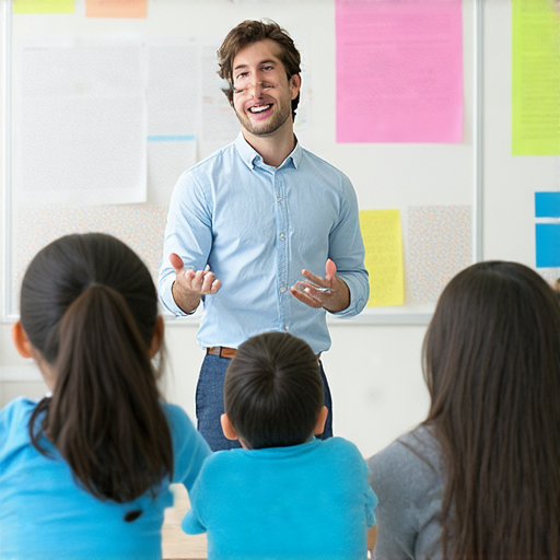 外籍英文老師在課堂上引導學生互動，提升英語口說能力，啟發靈感與信心，學習環境輕鬆愉快，幫助學生英語脫穎而出的圖像。