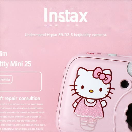 Fujifilm Instax Mini 25 Hello Kitty攝影機，展示攝影潛力的圖片，附上免費維修諮詢的資訊，背景色彩繽紛，吸引愛好者關注，邀請大家了解攝影技巧與維修服務。