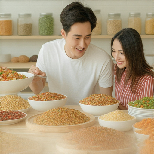 食物愛好者一對一學習食物英文的情境，外籍老師指導學生，強調輕鬆學習的氛圍，背景中有各式美食，展示互動學習的樂趣，提升英語能力。