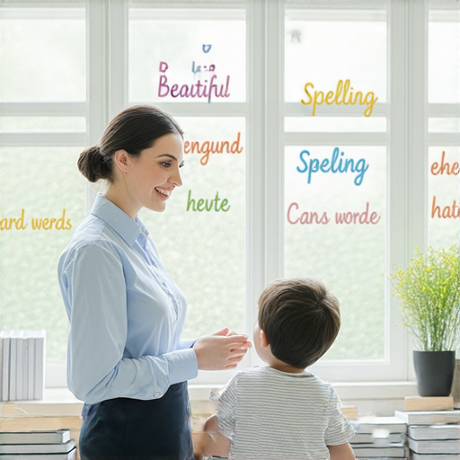 一位外籍老師正與學生進行一對一英語教學，畫面中展示了學習英文的氛圍，旁邊有漂亮字詞的範例，突顯學習英文拼寫的重要性。