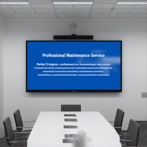 會議室內一台高效能投影機，投影出清晰的畫面，周圍環境符合現代化會議需求，同時顯示專業維修服務標語，展現完美投影機選擇的理念。