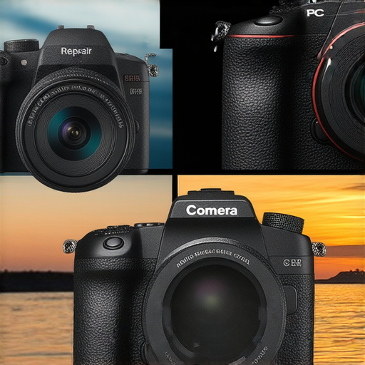 數碼相機與模擬相機並排展示，前景是專業維修服務標誌，背景有攝影作品，強調各自特點與應用，適合攝影愛好者選擇拍攝利器。