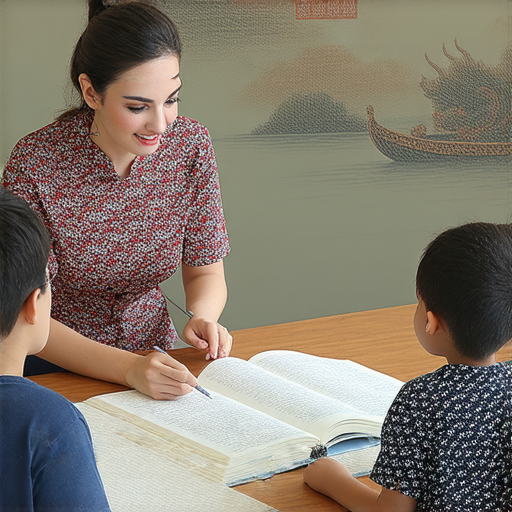 外籍老師與學生共學英語，背景為龍舟文化的圖案，展現一對一教學的互動氛圍，探索傳統與語言學習的結合，提升英文能力的精彩瞬間。