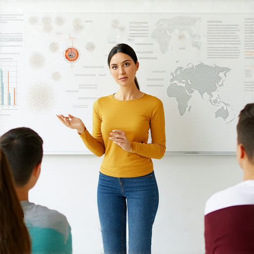 癌症分期學習圖片，外籍老師指導學生提升英文理解能力，圖中展現學生聚精會神聽講，背景有癌症相關資訊與英文單詞，幫助學生掌握癌症分期知識。