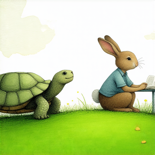 龜兔賽跑主題的圖片，展現學習英語的啟示，強調外籍老師一對一教學的優勢，寓意堅持與努力能帶來成功，激勵學習者體驗提升英語能力的旅程。