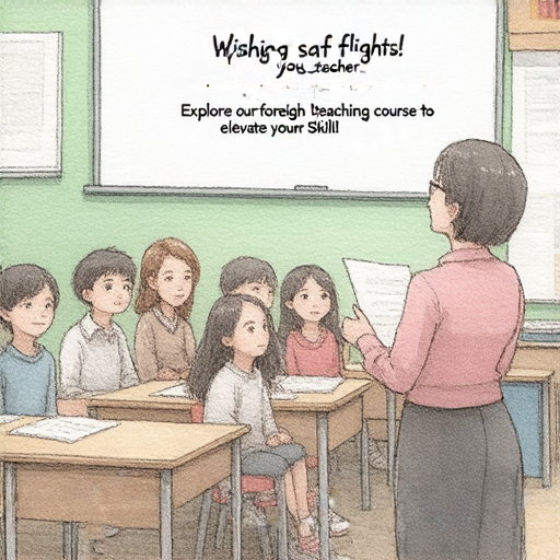 外籍老師正在授課，學生們專心聆聽，背景標語「祝您飛行平安！探索外籍老師的英文教學課程，讓您的英語更飛躍！」，展示積極學習氛圍，提升英語能力。