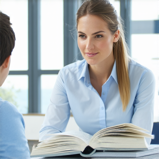 外籍老師一對一教學的場景，學生專注學習水運英語，老師示範專業用語，書本和筆記本擺放在桌上，展現有效學習與交流的環境。