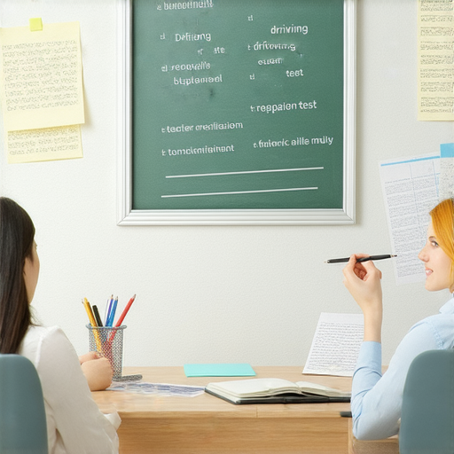 外籍老師一對一教學場景，學生專心學習英文，提升考取車牌的信心，教室內氛圍輕鬆愉快，適合準備駕駛考試的學習者，體驗外籍老師的專業教學。