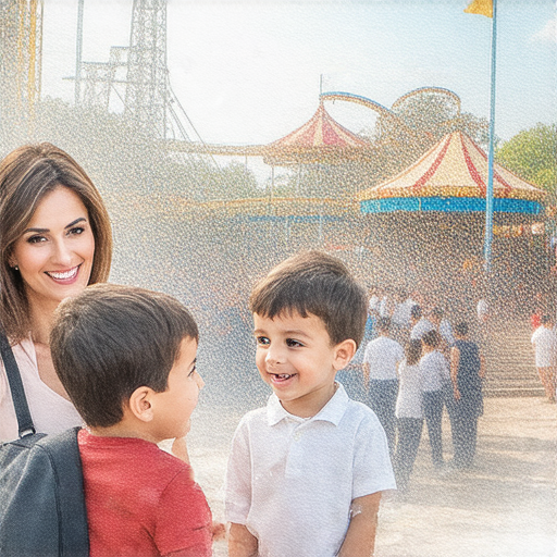 遊樂園中的學童與外籍老師互動學習英語，歡樂氛圍讓孩子們更自信地開口，遊樂設施背景增添樂趣，展示即刻預約英語課程的機會。