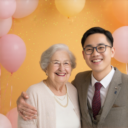 退休老師與外籍英文老師一起慶祝，周圍是祝賀的裝飾和笑容，展現退休後的新篇章和探索無限可能的主題。