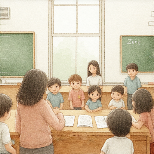 鋅的神秘力量與外籍老師學英文的場景，學生在輕鬆的環境中互動，提升英文能力，享受學習過程，展現自信與專注，體驗語言學習的新方法。