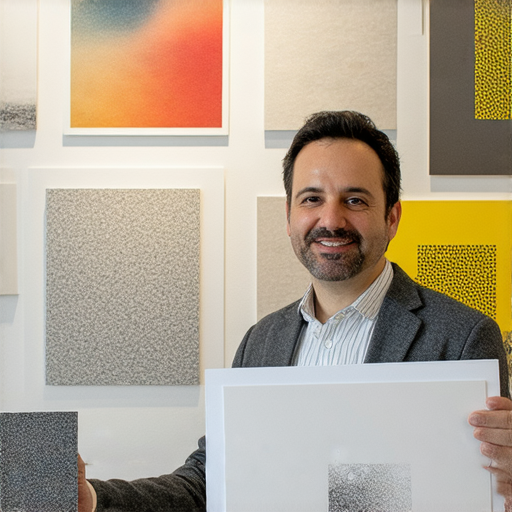 掌握印刷秘技的專業人士，展示書刊與海報的少量印刷樣品，呈現不同材質和驚人價格的對比，強調印刷技巧的重要性，吸引潛在客戶的注意。