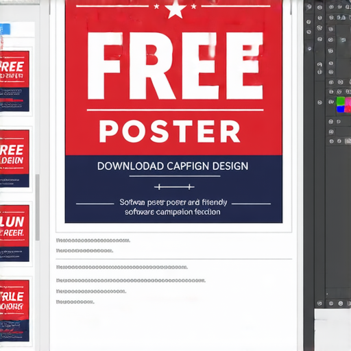 立即下載免費海報設計軟體的廣告圖片，展示專業風格的競選海報，強調簡單易用的界面和多樣化的設計選項，吸引使用者打造個性化選舉宣傳。