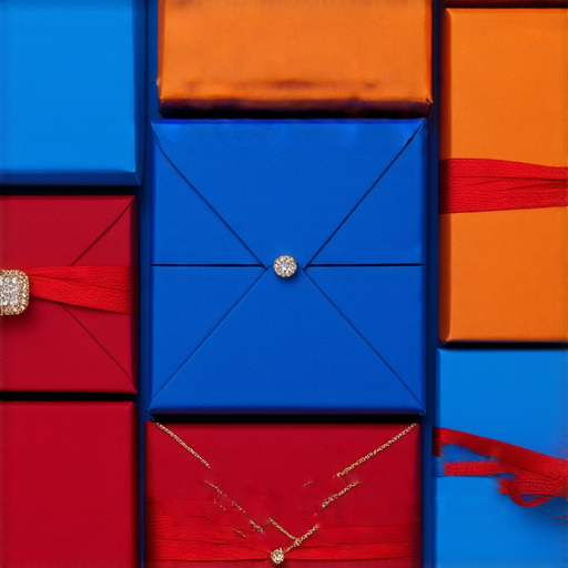 首飾包裝展示，色彩繽紛的盒子和高質感材料，突顯珠寶的奢華感，吸引顧客注意，提升首飾的價值，傳遞精緻與品位。