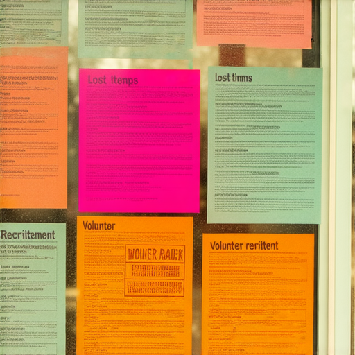 告示板上各式各樣的貼告示，內容涵蓋社區活動、尋找失物和招募志願者，展示人們傳遞信息的創意和需求，揭示告示背後的故事與人情暖意。