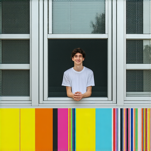 探索印刷的無限可能，展示創意設計作品的學生在銀色窗口前，象徵畢業後的成就與未來的發展，激發靈感，讓創意閃耀，融合藝術與科技的完美結合。