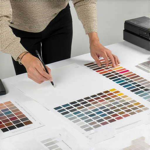 專業印刷過程的概述，包括PDF檔案轉換、Pantone色彩選擇，展示設計師探索無限設計可能性的瞬間，強調印刷秘訣和技術的重要性。