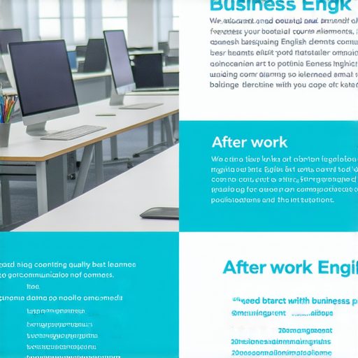 商業英語交流課程海報，顯示上班和下班的最佳時機，強調掌握商業英語的重要性，背景為職場環境，吸引學員學習流利溝通技巧。