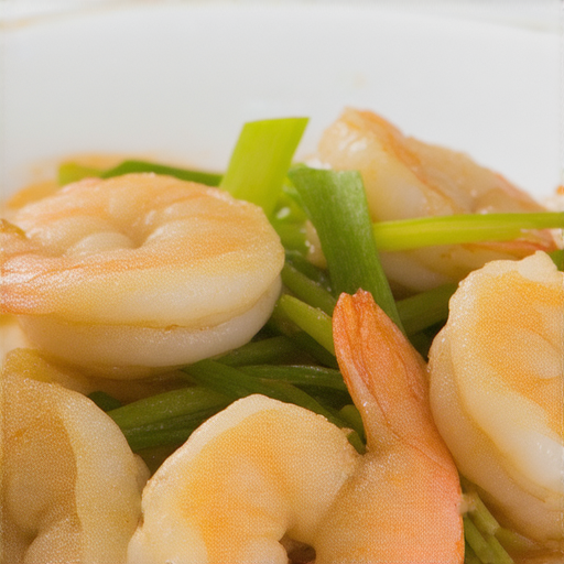 美味的英文料理與蝦及蔥的完美搭配，展現色香味俱全的料理驚喜，背景呈現食材的新鮮感，勾起食慾，讓人想立刻品嚐。