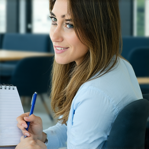 商務英語學習者在會議中交流，手持筆記本和筆，背景為現代辦公室，展示學習商務英語的重要性，這是打開成功職場新大門的秘訣。