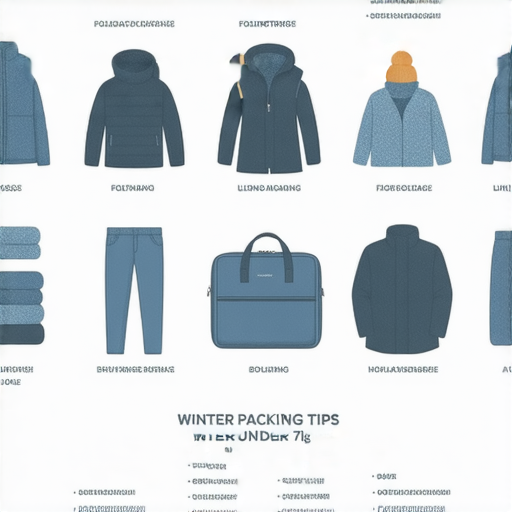 冬季行李打包技巧示意圖，展示如何在7公斤內有效收納各類衣物和配件，包含摺疊方法、輕便行李箱與必備物品，幫助旅行者實現巧妙打包。