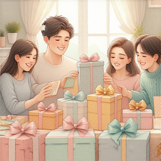 搬新家的喜悅場景，家人朋友圍繞一起慶祝，桌上擺放著禮物與祝賀的卡片，充滿溫馨與祝福的氛圍，傳遞搬遷祝福的秘密與期待。