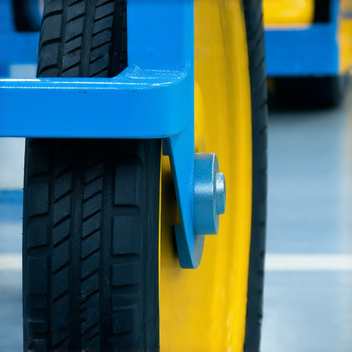 新搬運車展示，特寫高性能輪胎，強調搬運重物的穩定性和便捷性，告別繁瑣搬運過程，適合各類型重物運輸，提升工作效率。