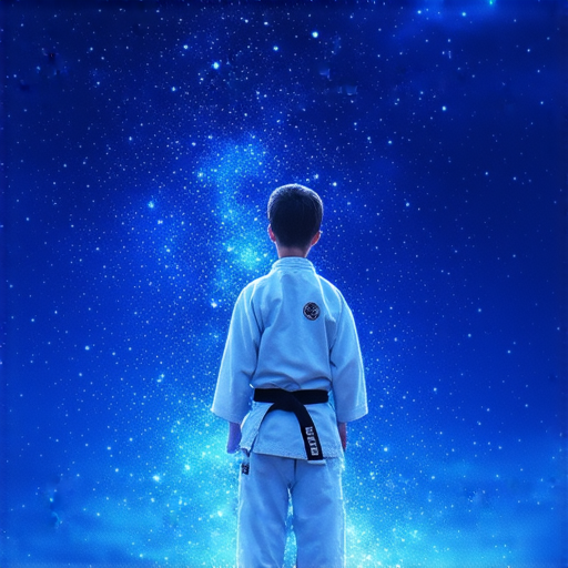 探索北海道跆拳道的青年，身穿道服在星光大道上，表現出力量與夢想，背景是美麗的夜空與燈光，彰顯武道精神與希望。