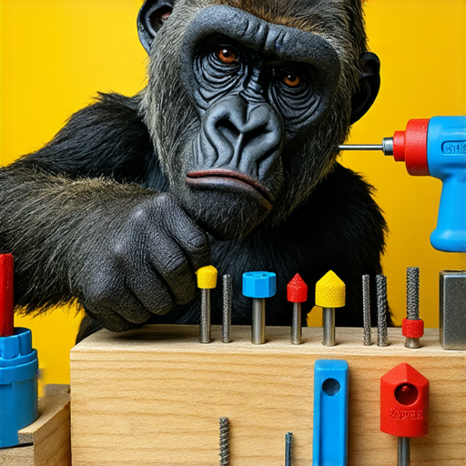 猩猩粉絲示範如何使用螺絲工具，展現成為螺絲大師的過程，畫面中有工具與猩猩主題裝飾，讓人驚訝於粉絲的創意和技巧，結合趣味與學習。