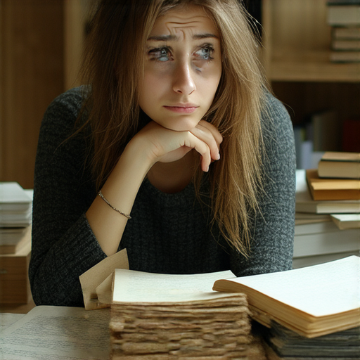 一位年輕女性坐在書桌前，面露困惑，手中握著手機，周圍有筆記和書籍，畫面強調辨識與應對困擾、騷擾與打擾的主題，探索真相的重要性。
