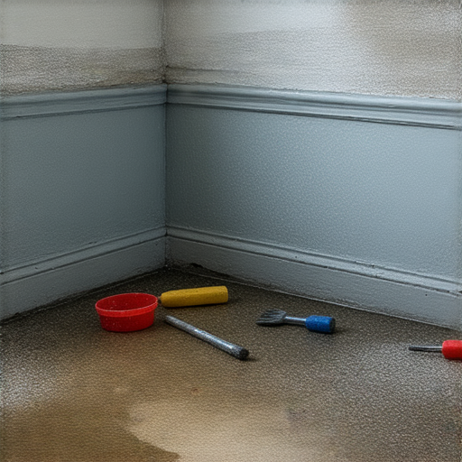 樓上漏水導致浴室損壞，畫面顯示浴室內潮濕的牆壁和地板，修繕費用高漲，提醒讀者了解處理漏水問題的步驟，避免未來損失。