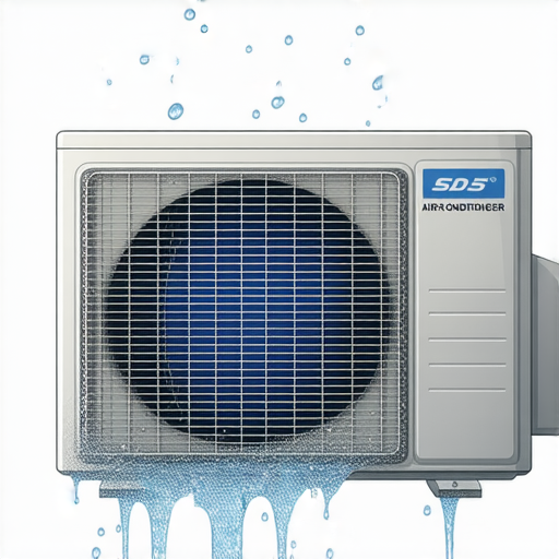 冷氣機滴水現象解釋，顯示冷氣機和水滴，提供五個解決方法，強調排水不暢或濾網髒污等原因，幫助用戶快速排除故障，提升室內舒適度。