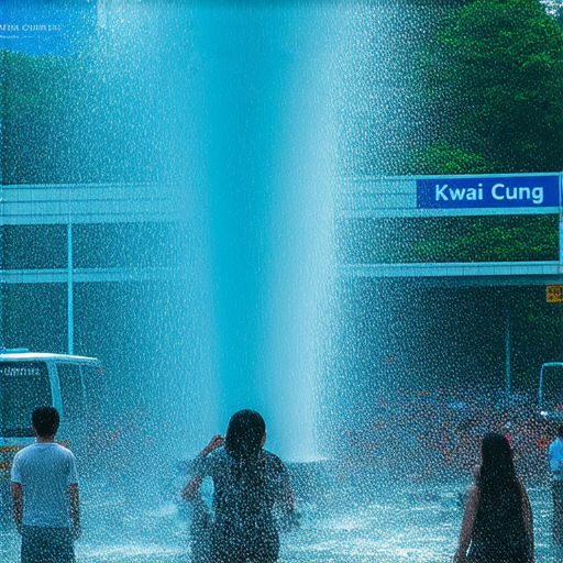 葵涌街頭水管爆裂，水柱衝天，路人驚愕不已，周圍人群停下腳步觀察現場情況，緊急應對措施正在進行中，畫面充滿緊張氣氛。