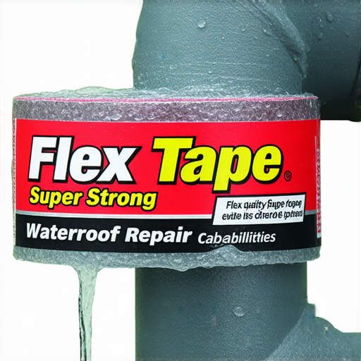 Flex Tape 超強防水修復膠帶展示，膠帶覆蓋在漏水管道上，有效阻擋水流。圖中可見膠帶的耐用性和防水效果，體現其修復能力，讓你告別漏水煩惱。