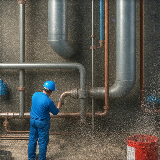 滴水問題造成的漏水維修現場，顯示專業技術人員檢查管道和設備，旁邊放著工具和維修材料，傳達維修費用驚人和重要性，提醒讀者關注滴水問題的解決。