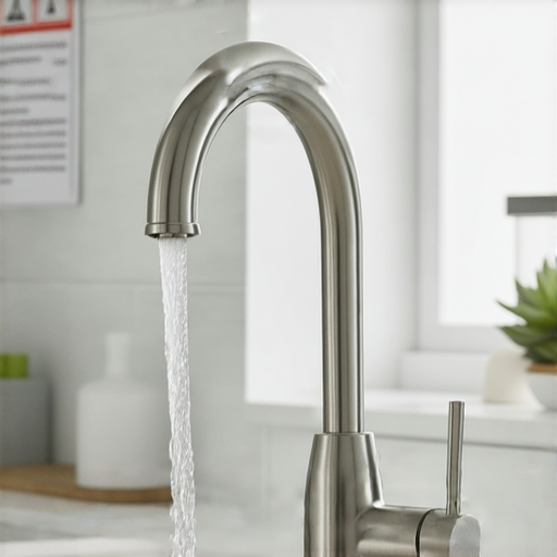 一款節能水龍頭展示，流出的水量適中，強調省錢與環保的特性，旁邊有水資源浪費的警示標語，提醒人們注意用水。