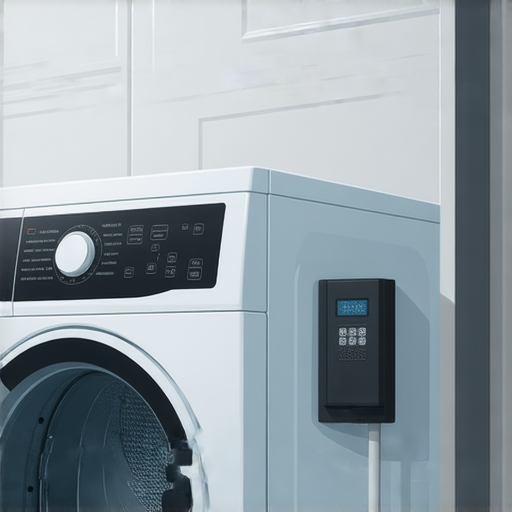 洗衣機旁邊的漏電斷路器，提醒家庭安全的重要性，顯示如何防止漏電事故，保障居家安全。洗衣機需要漏電斷路器以防止電擊等風險。