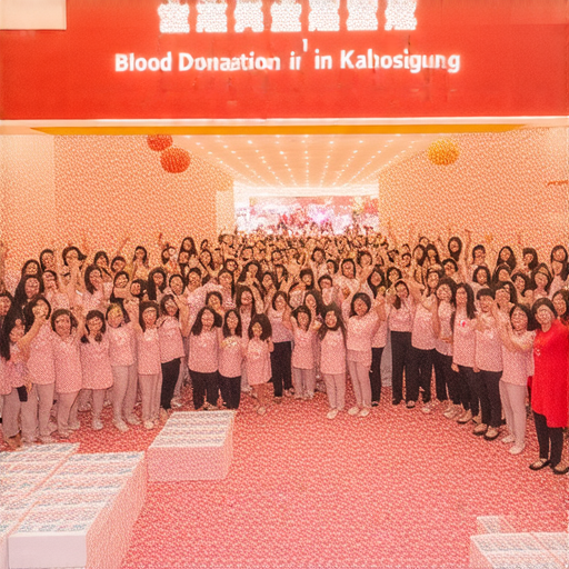 高雄贈品與捐血活動的現場畫面，參與者熱情捐血，背景展示獨特贈品，傳遞公益與友愛的精神，吸引眾人注意的活動場景。