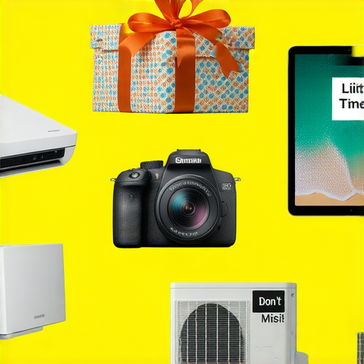 超值優惠宣傳圖，展示購買相機、冷氣或iPad可獲豪禮，色彩鮮豔，吸引目光，加入立即搶購的促銷語，強調不容錯過的優惠活動。