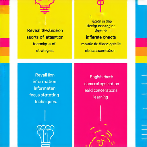 揭開注意事項的秘密，展示多種英文注意力技巧的圖片，視覺上突出專注與學習，並以圖表或插圖形式呈現技巧的應用，幫助提升學習效果。