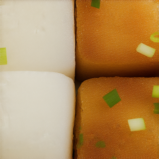 年糕與蘿蔔糕並排擺放，展示各自的獨特風格與口感，年糕表面晶瑩剔透，蘿蔔糕則添增綠蔥粒，色彩鮮明，讓人感受到中華美食的魅力，年糕VS蘿蔔糕的美食對決。