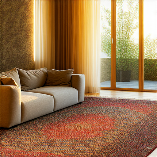 色彩繽紛的地毯置於客廳中央，柔和的光線照耀，搭配現代家居風格，營造出輕鬆氛圍，揭示地毯的秘密，助您打破緊張，讓家居環境驚艷。