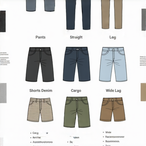 圖片展示了英語中褲和短褲的有趣差異，包含褲子的不同款式及設計特徵，搭配相關英文單字，讓學習者了解這兩種服裝的獨特之處。