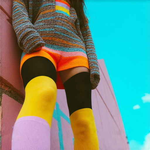 一位潮流女神身穿時尚服裝，搭配色彩鮮豔的襪子和絲襪，展現獨特的即興搭配風格，吸引路人目光，彰顯自信與個性，讓全場驚豔。