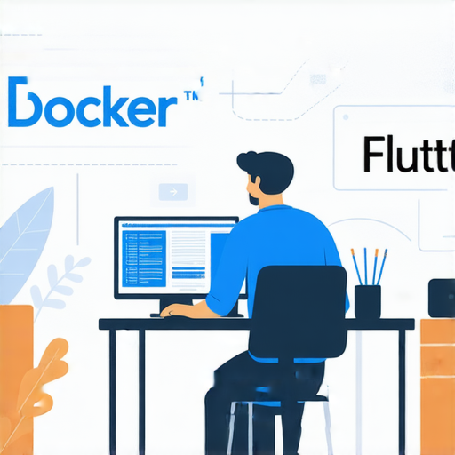 學會Docker和Flutter應用打包技巧，提升開發效率，圖片展示開發者專心工作的場景，背景有Docker及Flutter的標誌，突出技術成長與專業知識分享。