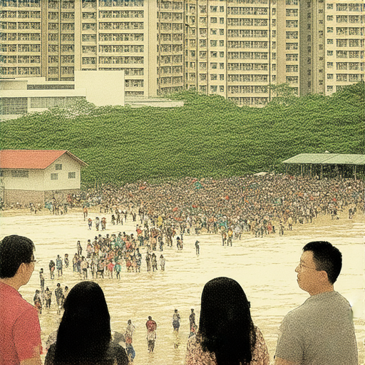 洪水橋田心村搬遷賠償激變的現場，居民聚集討論新公屋生活的展望，展現社區重建與探索新機會的氛圍。