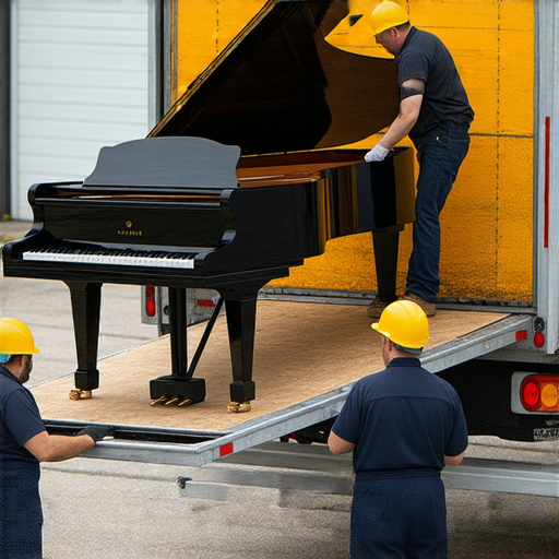 鋼琴搬運過程中的費用分析，展示搬運人員小心翼翼地將鋼琴裝載到搬運車上，背景顯示搬運工具和路線指引，揭示鋼琴搬運費用的真相。